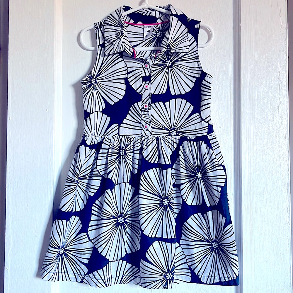 2/$20 or 3/$25 navy & white flower design 4T sleeveless button up cotton dress.